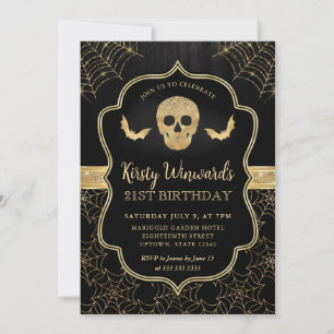 Invitación Cráneo de Oro y Negro y Cobwebs Cumpleaños 21