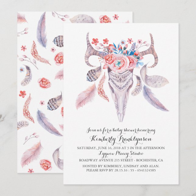 Invitación Cráneo floral Baby Shower de la acuarela de Boho (Anverso / Reverso)