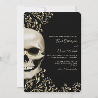 Invitación Cráneo floral gótico metálico de Halloween tempera
