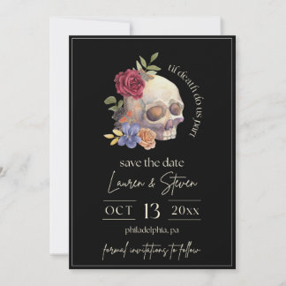 Invitación Cráneo Floral Hasta que la Muerte nos Separe Aviso