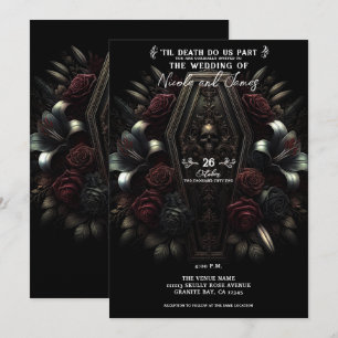 Invitación Cráneo Floral Oscuro y Lúgubre Ataúd Gótico Boda