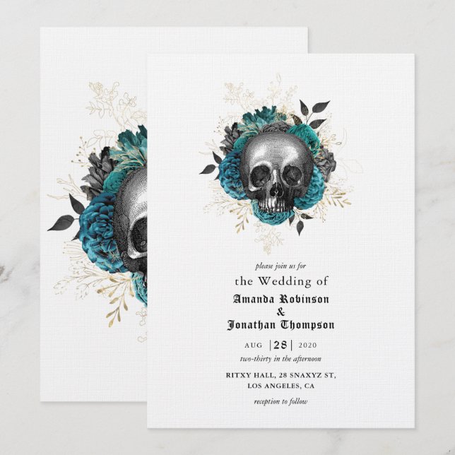Invitación Cráneo floral verde azulado Boda gótico Halloween (Anverso / Reverso)