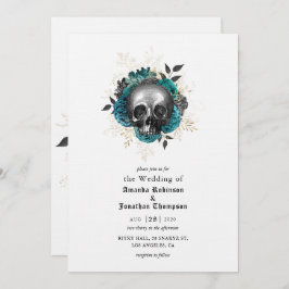 Invitación Cráneo floral verde azulado Boda gótico Halloween