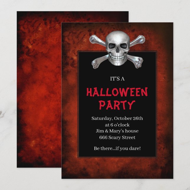 Invitación Cráneo gótico Crossbone Red Grunge Halloween Party (Anverso / Reverso)