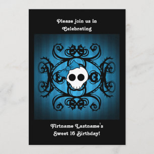 Invitación Cráneo gótico lindo azul y negro 5x7 dulce 16
