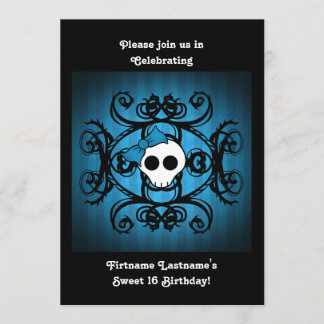 Invitación Cráneo gótico lindo azul y negro 5x7 dulce 16