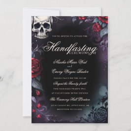 Invitación Cráneo y Rosas Góticas Morado Negro Handfasting