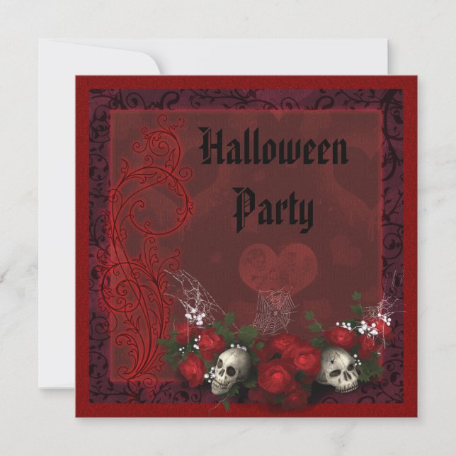 Invitación Cráneos y rosas góticos negros y Halloween rojo (Anverso)