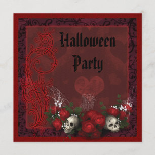 Invitación Cráneos y rosas góticos negros y Halloween rojo