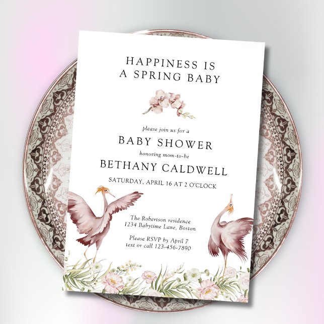 Invitación Cranes bailarinas Primavera Floral Beber Ducha (Spring Baby Shower Invitation with Dancing Cranes)