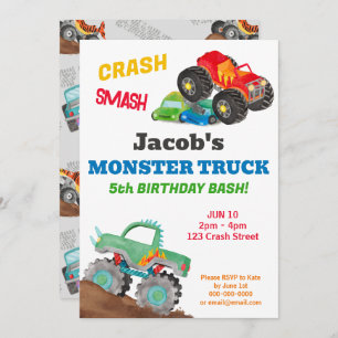 Invitación Crash Smash Monster Camión Cumpleaños Bash Waterco