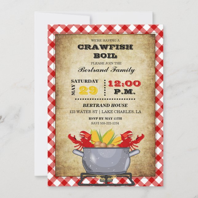 Invitación Crawfish Boil Pot Red Check Gingham (Anverso)