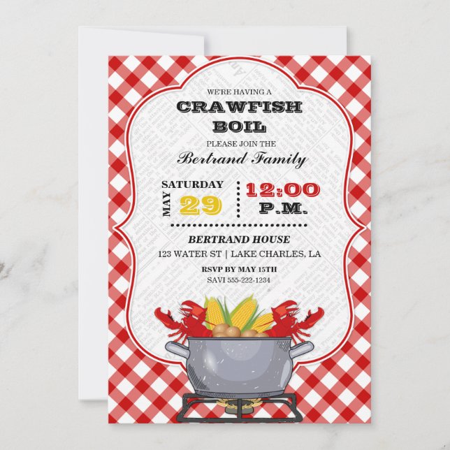Invitación Crawfish Boil Pot Red Check Gingham (Anverso)