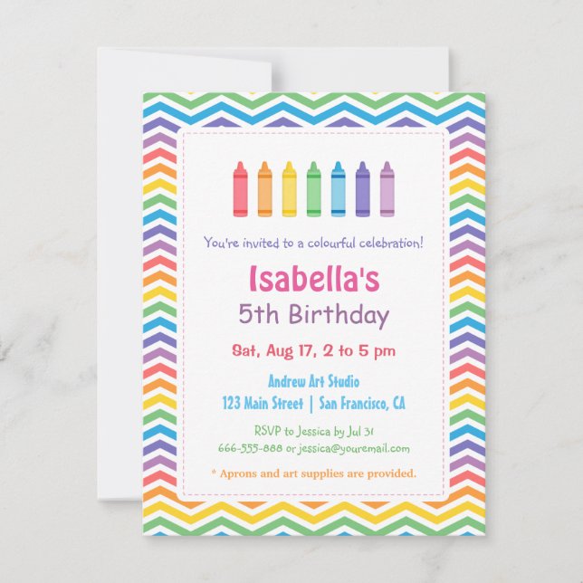 Invitación Crayones Chevron Arcoíris Fiesta Cumpleaños Niños  (Anverso)