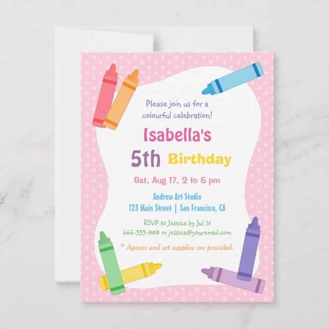 Invitación Crayons Arts and Crafts Kids Birthday Fiesta (Anverso)