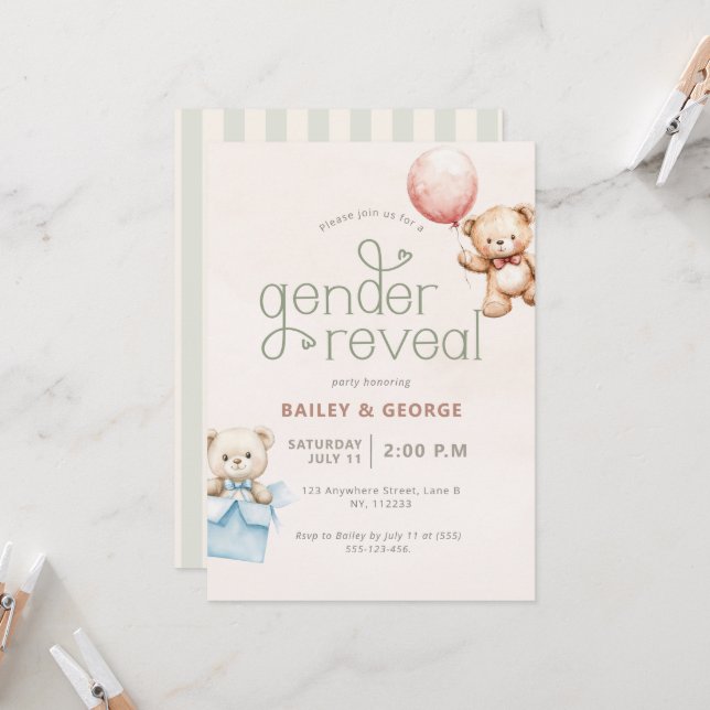 Invitación Crea tu propia revelación de género Teddy Bear Str (Anverso/Reverso In Situ)