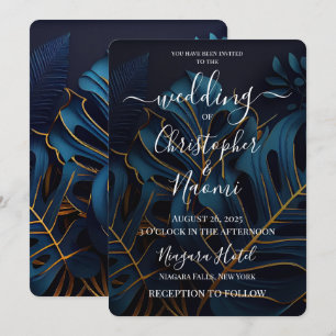 Invitación Crea tu propio Boda de hojas azules y doradas oscu