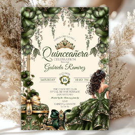 Invitación Cream and Green Golden Tiara Floral  Quinceañera