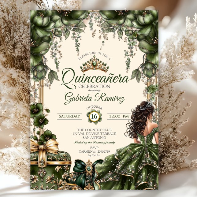 Invitación Cream and Green Golden Tiara Floral  Quinceañera (Subido por el creador)