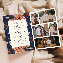 Invitación Cream and Terracotta Floral QR Code Navy Wedding