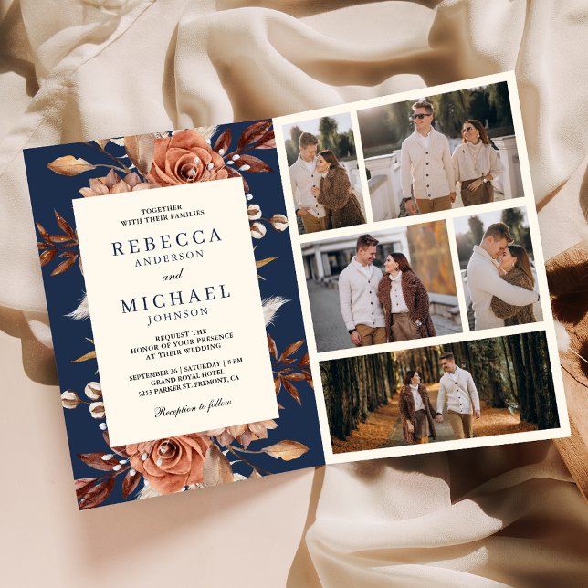 Invitación Cream and Terracotta Floral QR Code Navy Wedding (Subido por el creador)
