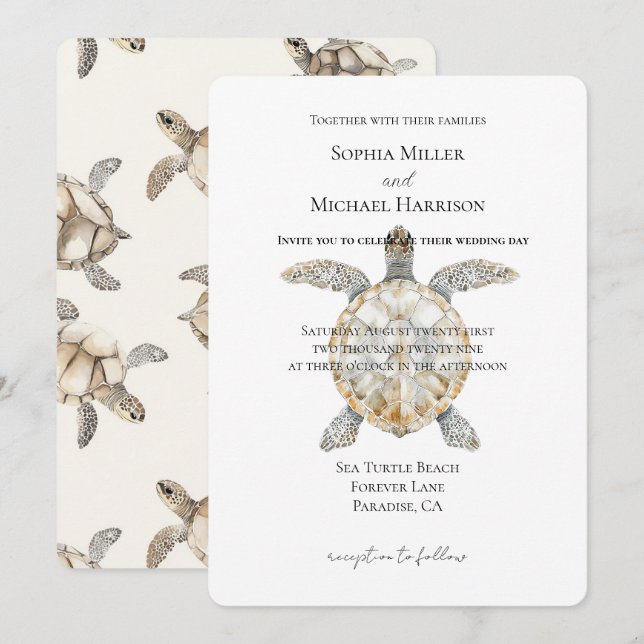 Invitación Cream Beach Sea Turtles Wedding (Anverso / Reverso)
