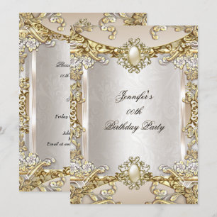 Invitación Cream Beige Gold Pearl Damask Fiesta de cumpleaños