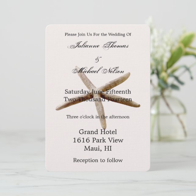 Invitación Cream Beige Rubor Starfish Beach (Anverso de pie)