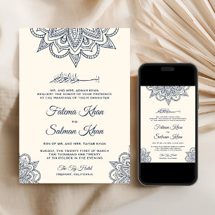 Invitación Cream Blue Henna Mehndi Boda musulmana islámica