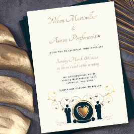 Invitación Cream Blue LGBTQ Boda masculino de corazón dorado