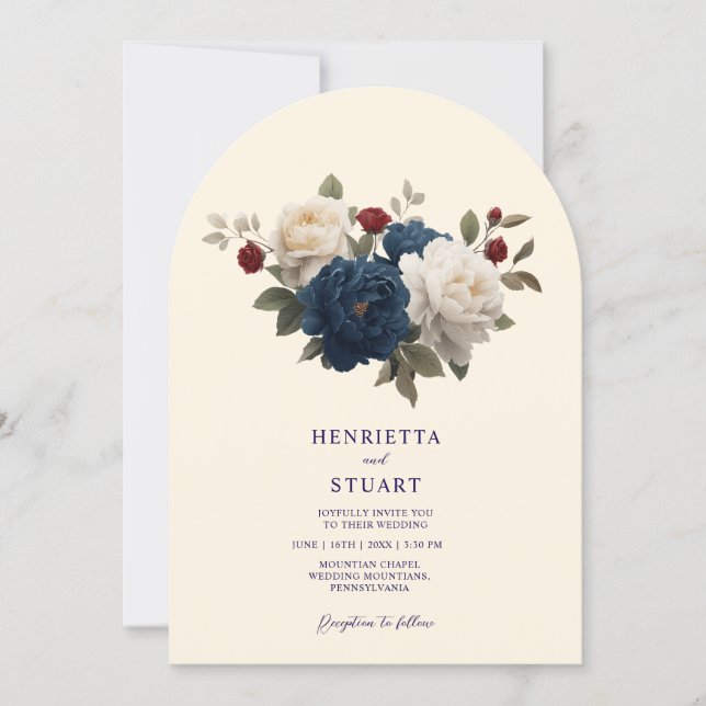 Invitación Cream Blue Terracotta Floral Arch all in one (Anverso)
