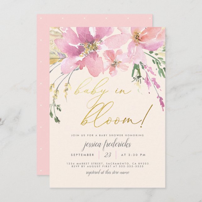 Invitación Cream Blush Gold Baby in Bloom Floral Baby Shower (Anverso / Reverso)