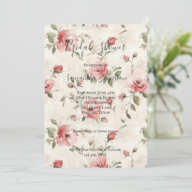 Invitación Cream Blush Pink Roses Floral Bridal Shower (Anverso de pie)