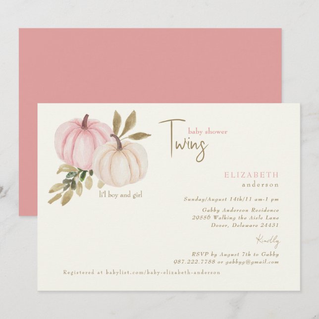 Invitación Cream & Blush Twins Little Pumpkins Baby Shower (Anverso / Reverso)
