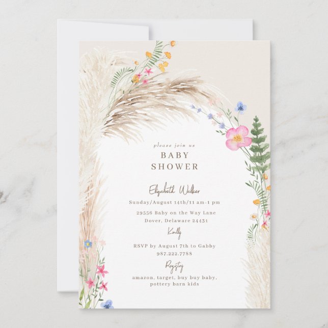 Invitación Cream Boho Pampas Wildflower Baby Shower (Anverso)