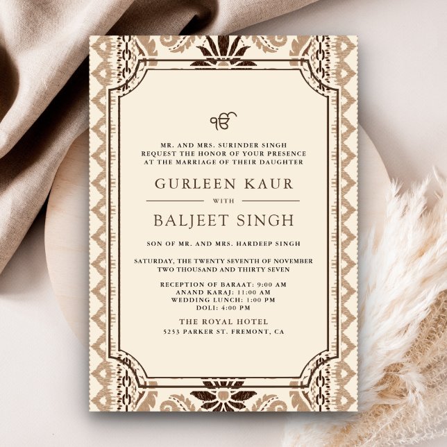 Invitación Cream Brown Beige Ikat Anand Karaj Sikh Boda (Subido por el creador)