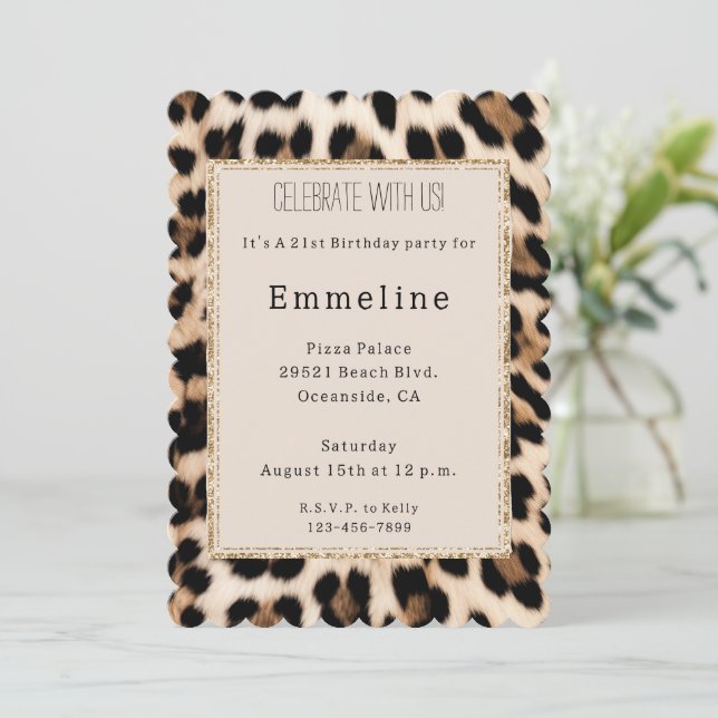 Invitación Cream Brown Black Leopard Gold Purpurina (Anverso de pie)
