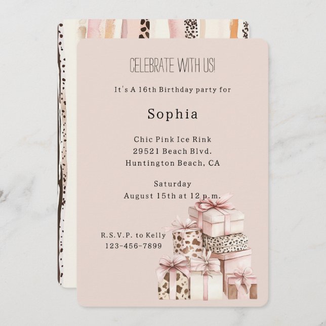 Invitación Cream Brown Blush Pink Leopard Gifts Birthday (Anverso / Reverso)