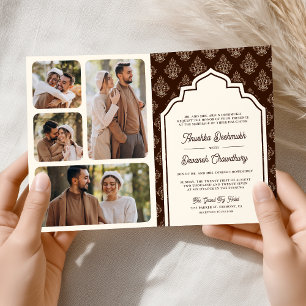 Invitación Cream Brown Ikat Collage de fotos Boda indio