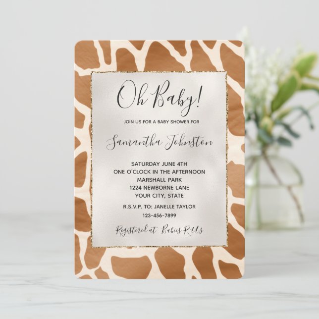 Invitación Cream Brown Safari Girafa Animal Baby Shower (Anverso de pie)