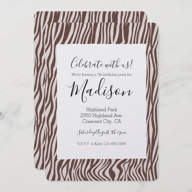 Invitación Cream Brown Zebra Print Birday (Anverso / Reverso)