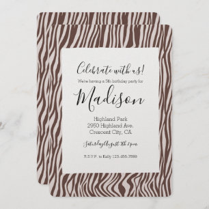 Invitación Cream Brown Zebra Print Birday