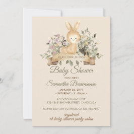 Invitación Cream Bunny Rabbit Botanical Floral Baby Shower