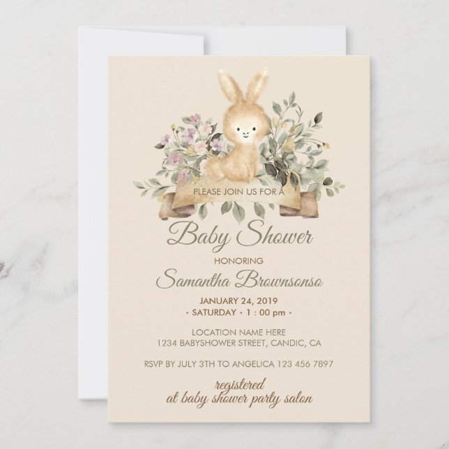 Invitación Cream Bunny Rabbit Botanical Floral Baby Shower (Anverso)