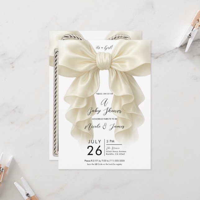 Invitación Cream Cascade Ruffle Bow Classy Baby Shower (Anverso/Reverso In Situ)