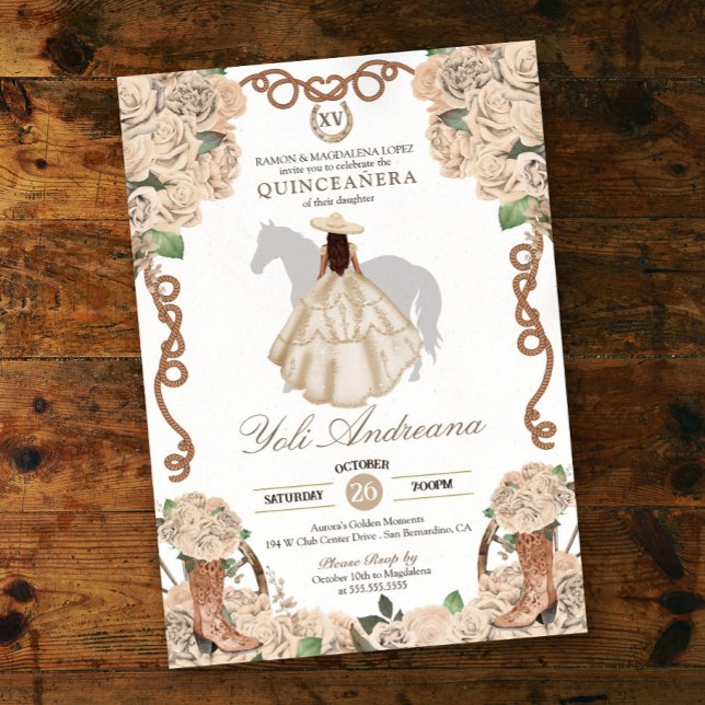 Invitación Cream Champagne Rosa Charro Vestidos Quinceanera (Subido por el creador)