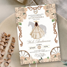 Invitación Cream Champagne White Rose Charra Quinceanera
