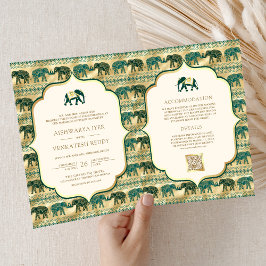 Invitación Cream Emerald Green Gold Elephant Boda indio
