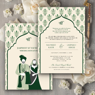 Invitación Cream Emerald Punjabi Anand Karaj Sikh Boda