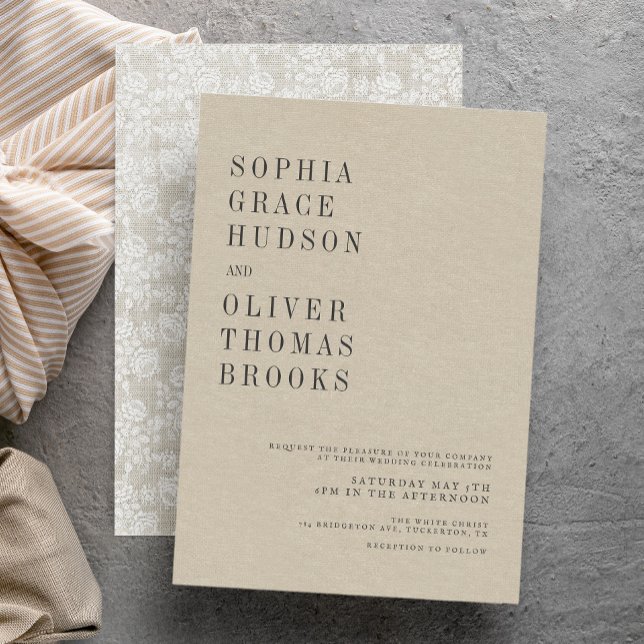 Invitación Cream Faux Linen & Lace Moda Boda de campo (Subido por el creador)